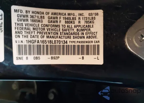2008 Honda Civic Lx z USA, uszkodzony, nr VIN 1HGFA16518L070134